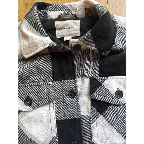 Aeropostale Quilted Flannel Shirt Jacket Women Small Black White Plaid Shacket - Picture 8 of 9